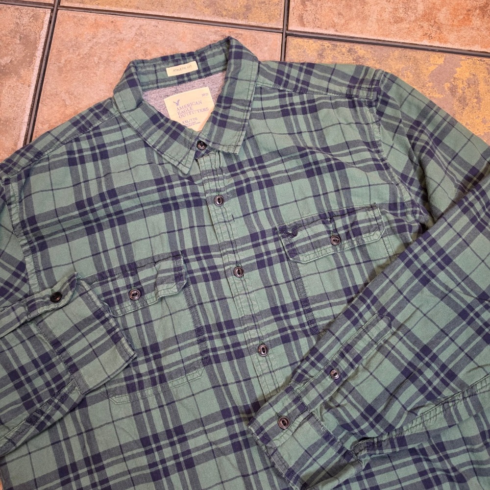 American Eagle Mens XXL Green Blue Plaid Flannel Shirt Athletic Fit 100% Cotton